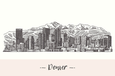 天际线素描插画 Denver skyline, USA