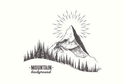 山峰素描插画 Mountain peak with fir forest