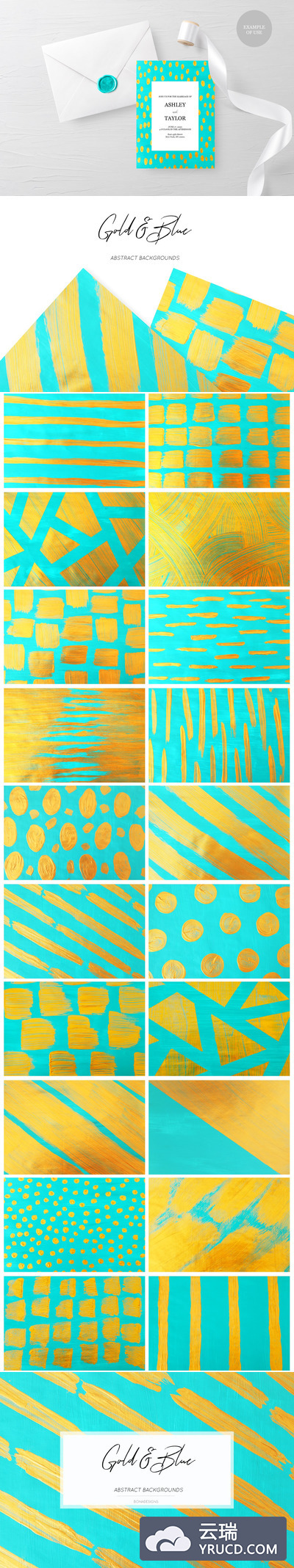 蓝色&金色抽象油漆背景图案设计素材