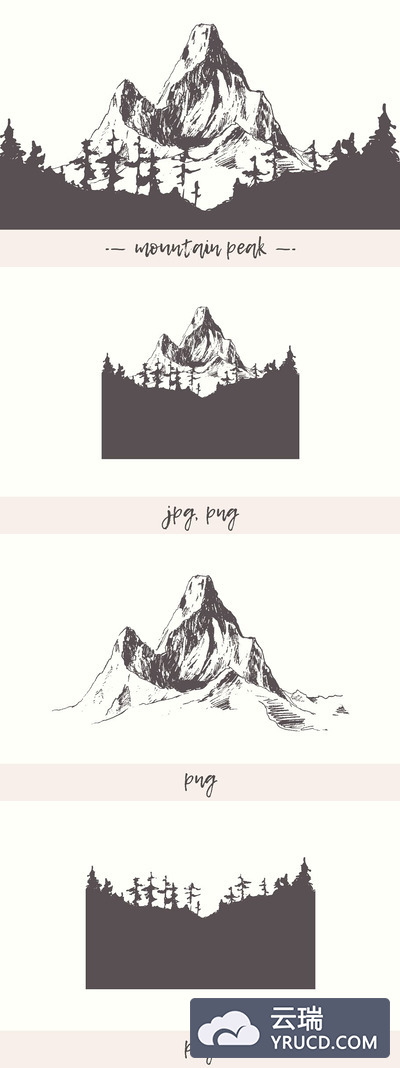 山地景观以松林为主的素描插画 Mountain landscape with pine forest