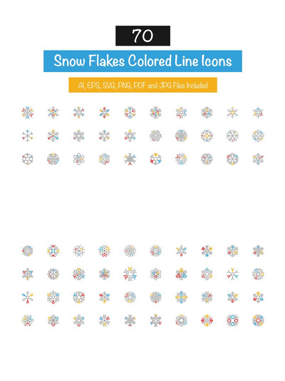雪花彩色线条图标 70 Snow Flakes Colored Line Icons