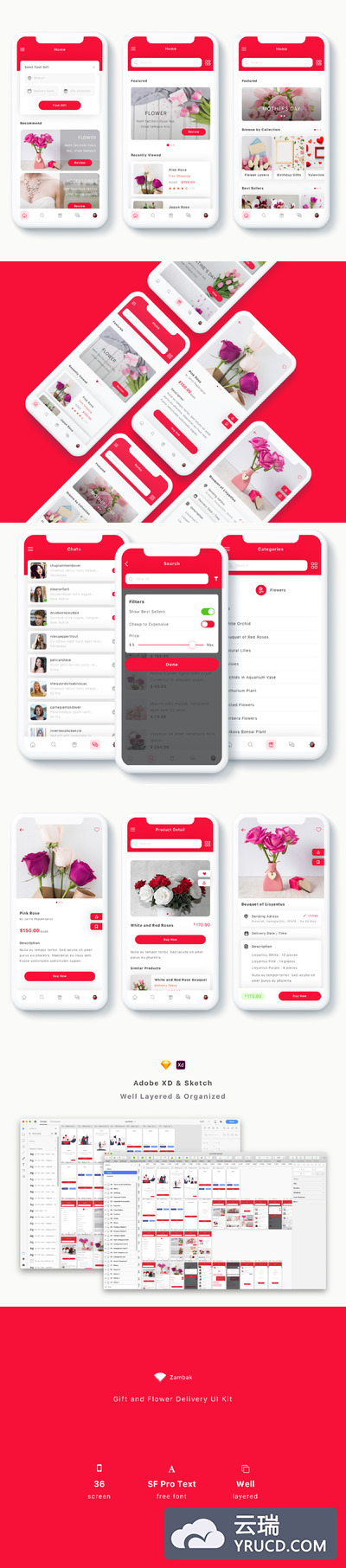 鲜花礼物礼品APP UI平台设计模板套装下载[Sketch,XD]