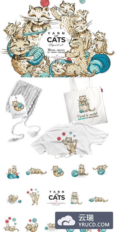 可爱的纱线猫水彩剪贴画设计素材