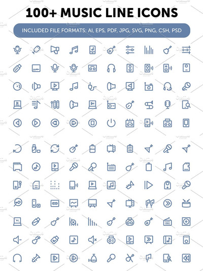音乐矢量图标素材 100+ Music Line Icons