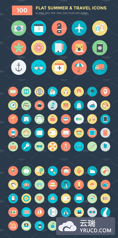 暑假旅行图标素材 100 Flat Summer and Travel Icons