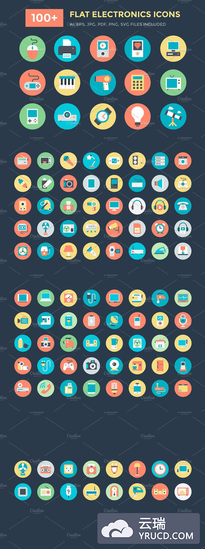 100+电子设备图标 100+ Flat Electronics Icons