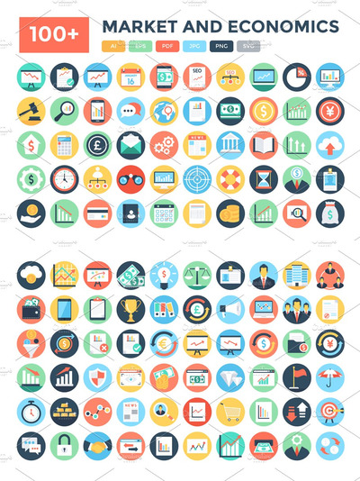 100+市场和经济图标 100+ Flat Market and Economics Icons