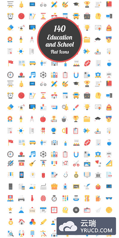 140个教育和学校矢量图标 140 Education and School Flat Icons