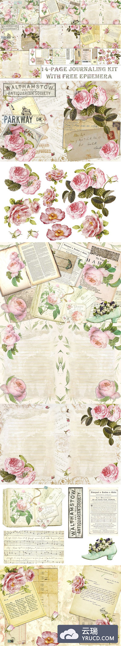 复古浪漫玫瑰日记水彩剪贴画素材合集