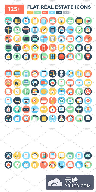125+扁平化房地产图标 125+ Flat Real Estate Icons