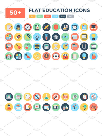 50+平面教育矢量图标 50+ Flat Education Vector Icons