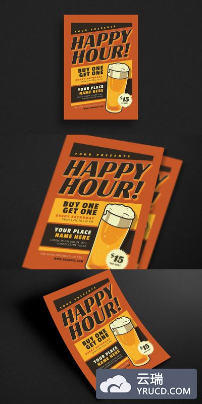 经典啤酒节海报模板 Retro Happy Hour Beer Event Flyer