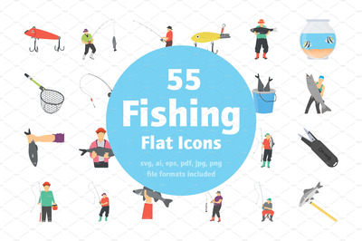 钓鱼矢量图标插画 55 Fishing Flat Vector Icons