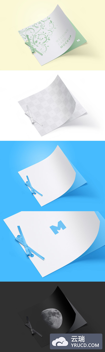 婚礼请帖样机素材 Wedding Card Mockup with Ribbon Bow