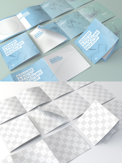 方形四折页小册子网格布局模型 Square 4-Fold Brochure Grid Layout Mockup
