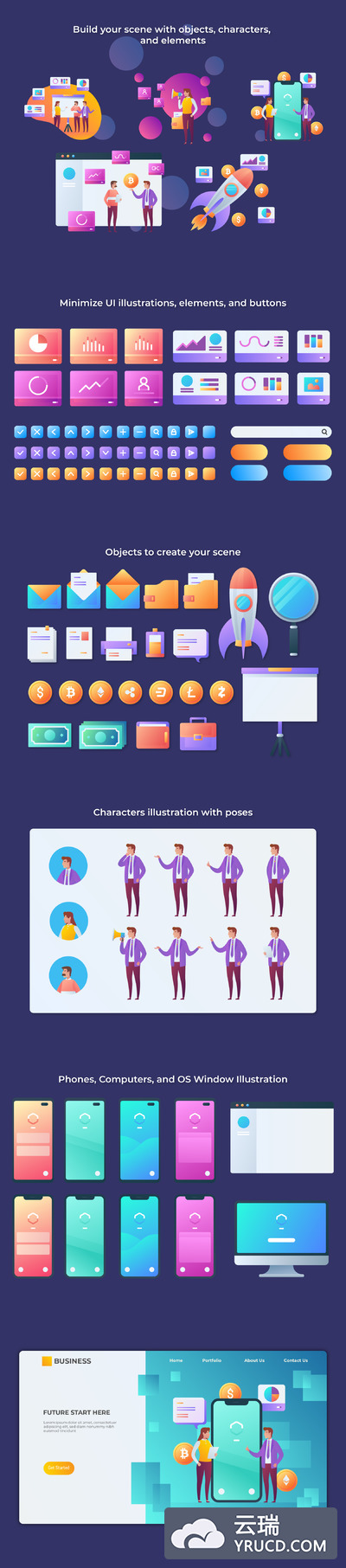 多功能多元素网页着陆页矢量插画素材下载[Sketch,PSD,Ai]