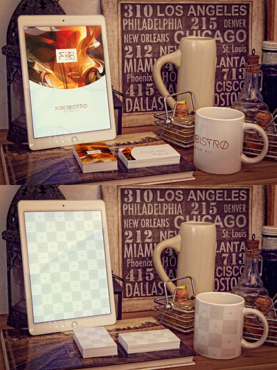 ipad平板样机素材 iPad Air 2, Business Cards, Mug Mockup