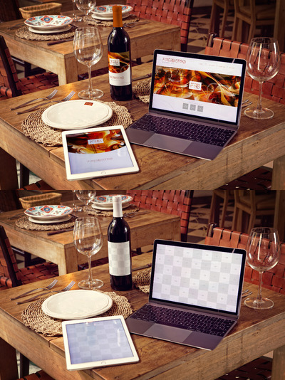 红酒ipad样机素材 Wine Bottle, iPad Air 2, Macbook Mockup