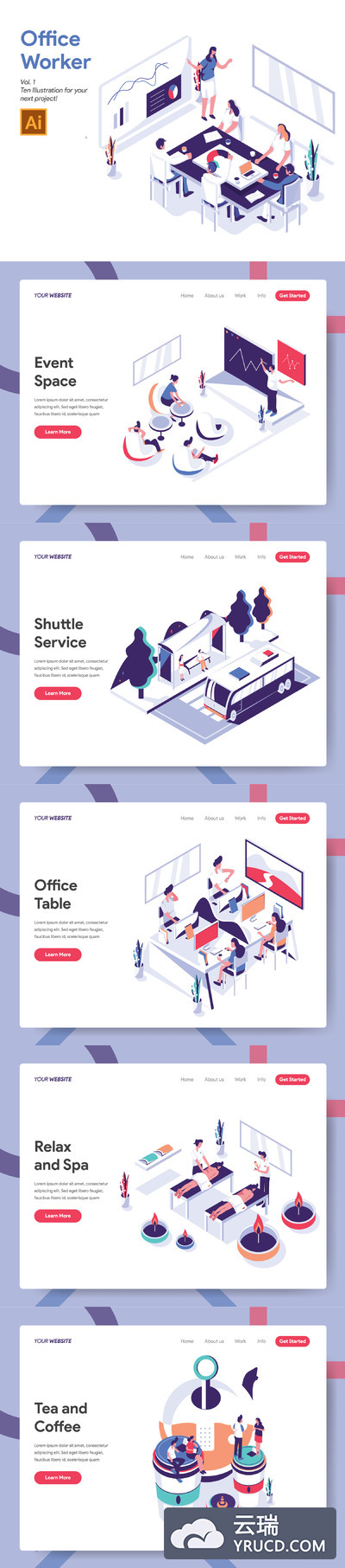 2.5D的办公室概念协作场景矢量插画下载[Ai]