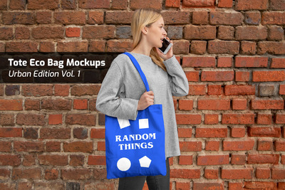 带人物的环保袋设计展示样机素材下载[PSD]