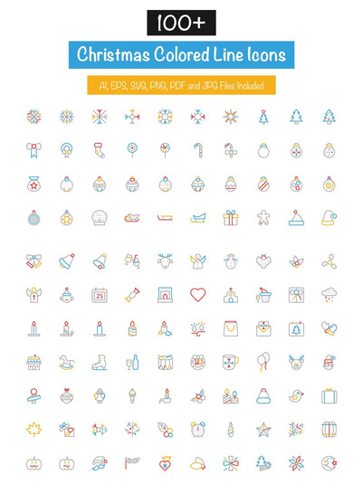 圣诞元素图标 100+ Christmas Colored Line Icons