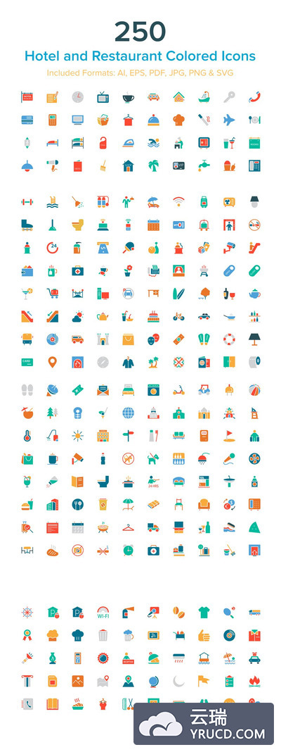 酒店和餐厅的彩色图标 Hotel and Restaurant Colored Icons