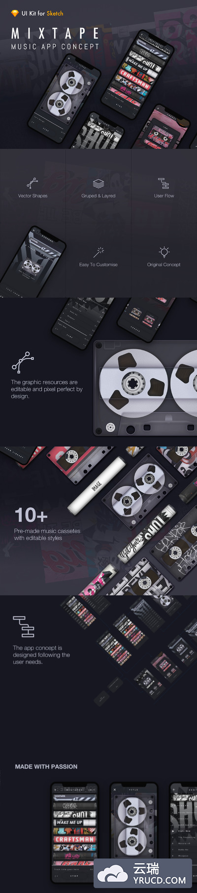 有创意的个性酷炫音乐app设计iOS Ui KIT下载[Sketch]
