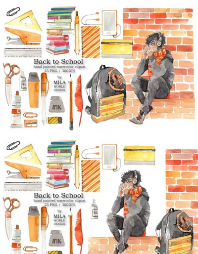 学习文具水彩剪贴画设计素材