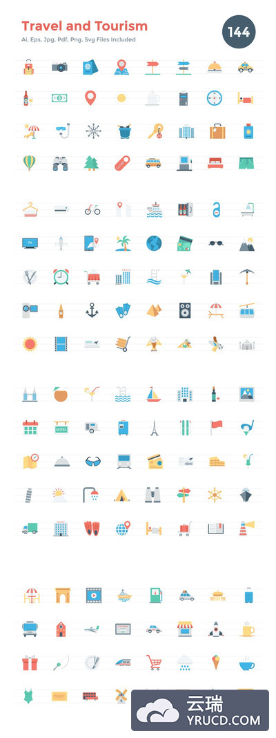 旅行素材矢量图标 144 Flat Travel and Tourism Icons