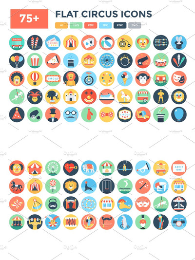 马戏团矢量图标 75+ Flat Circus Vector Icons