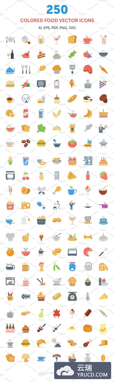 彩色食物矢量图标 250 Colored Food Vector Icons