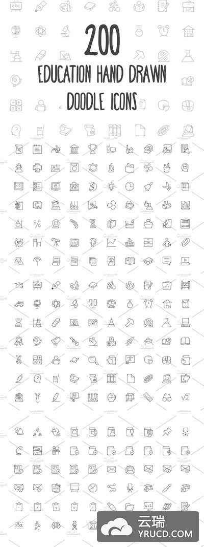 手绘教育涂鸦图标 200 Education Hand Drawn Doodle Icon