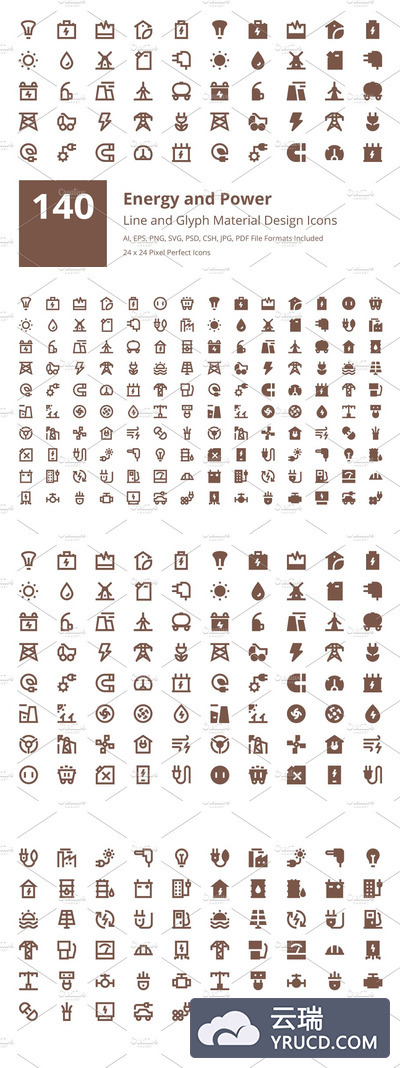 能源和动力材料图标 140 Energy and Power Material Icons