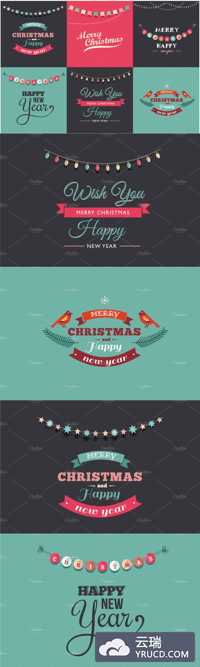 经典圣诞节元素插画 6 Vintage Christmas cards