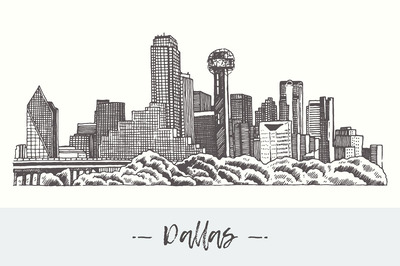 美国天际线素描插画 Dallas skyline, USA