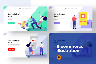 时尚高端简约扁平化风格的电子商务网站banner着陆页插画设计模板