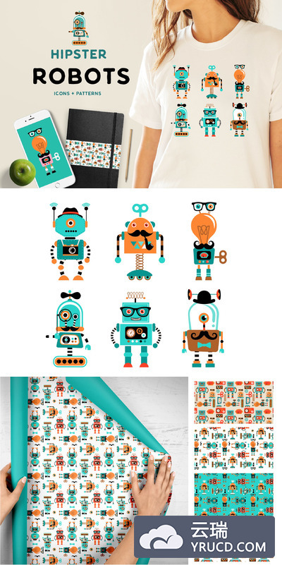 时髦机器人T恤设计插画 Hipster robots + patterns set