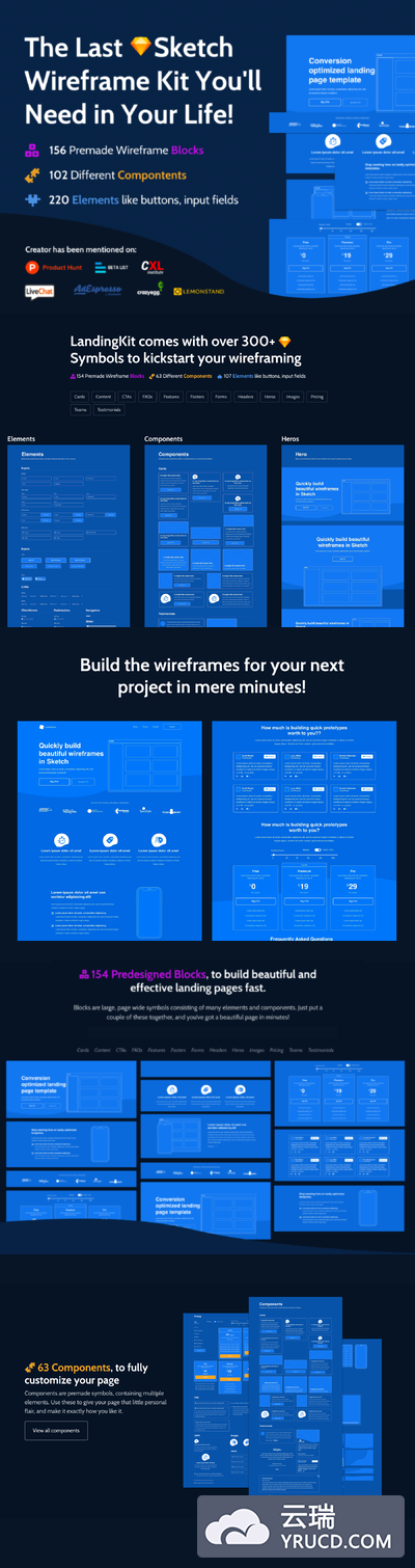 一流的网站着陆页产品原型线框图UI KIT套装下载[Sketch]
