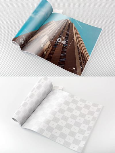 杂志设计画框样机 Square Magazine Opened Rolled Mockup