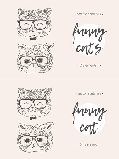 两个有趣的猫的插图 Two illustrations of a funny cat