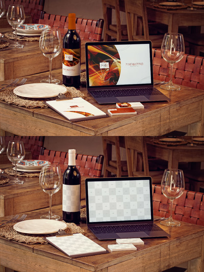红酒酒瓶样机 Wine Bottle, MacBook, Business Cards and Menu Mockup