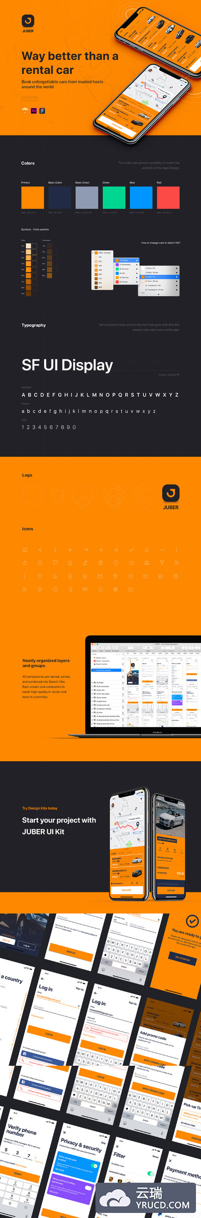 完美的小汽车租赁&打车APP应用UI设计模板[XD,Sketch,Fig]