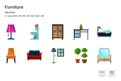 ICONS | 矢量概念简洁优雅丰富室内设计家具浴室卧室彩色图标