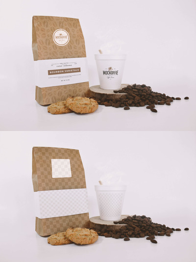 咖啡袋包装设计样机 Coffee Bag and Cup Mockup With Cookies