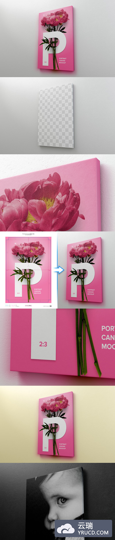 油画画框样机 2:3 Portrait Canvas Mockup Hanging on Wall, Right View