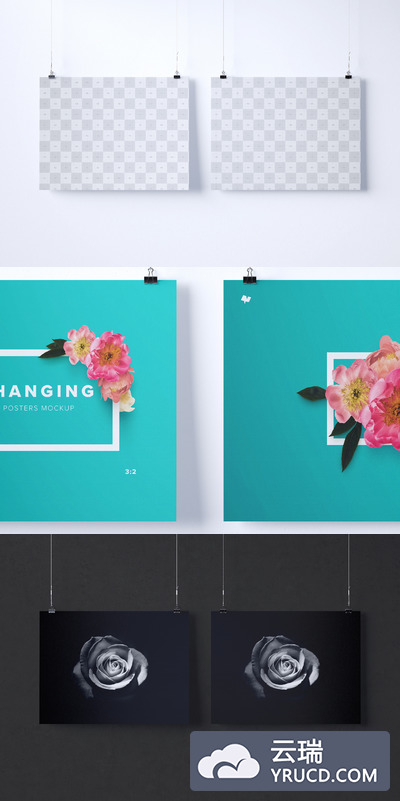 挂画画框样机 Two 3:2 landscape hanging posters mockup