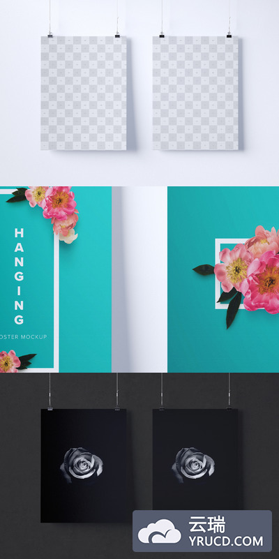 挂画海报样机 Two 2:3 portrait hanging posters mockup