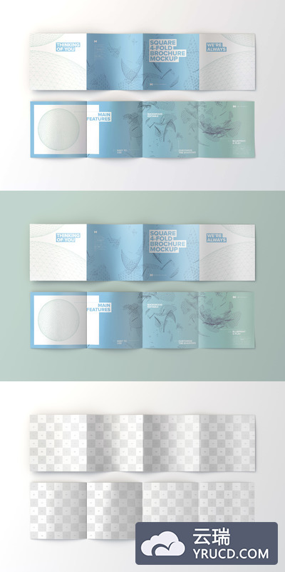展开的4折页方形宣传册 Spread Square 4-Fold Brochure Outside and Inside Mockup 02