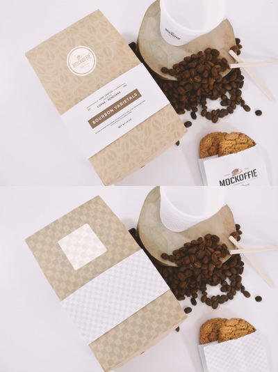 咖啡袋和杯子设计样机 Coffee Bag and Cup Mockup Top View