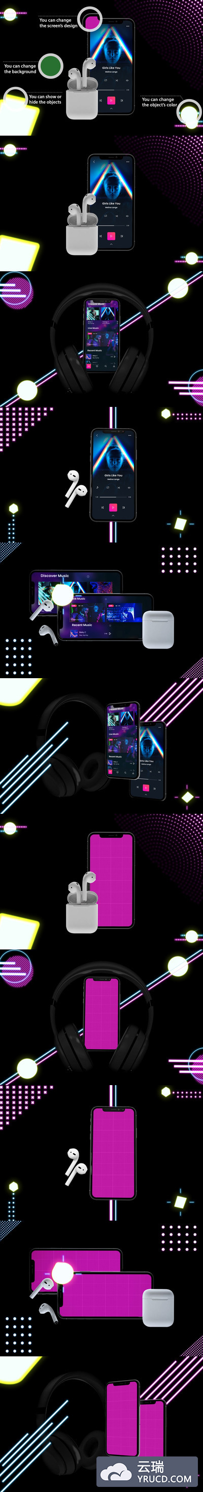 霓虹灯音乐场景效果的 iPhone XS 手机样机下载[PSD]